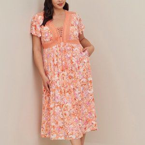 Torrid Lace Up Tea Length Dress - Crinkle Gauze Floral Coral sz 1